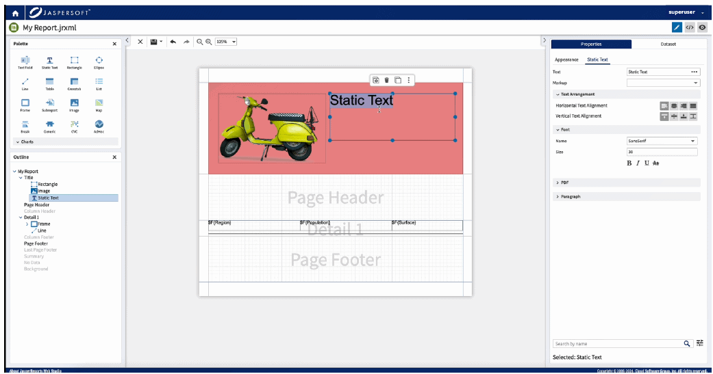 Edit text elements inline, including customization of properties